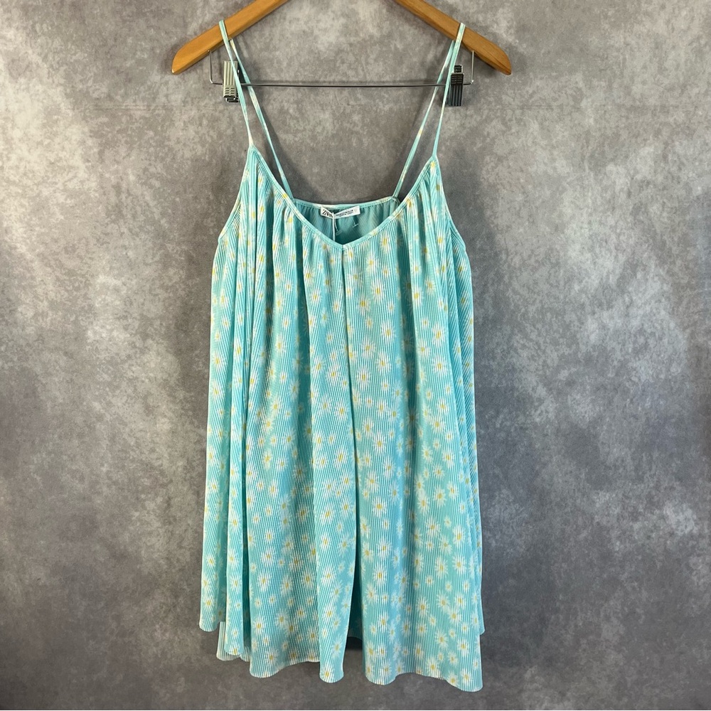 NEW Zara Mini Dress Women Medium Powder Blue Floral Print Crinkle Sleeveless NWT - Picture 3 of 9